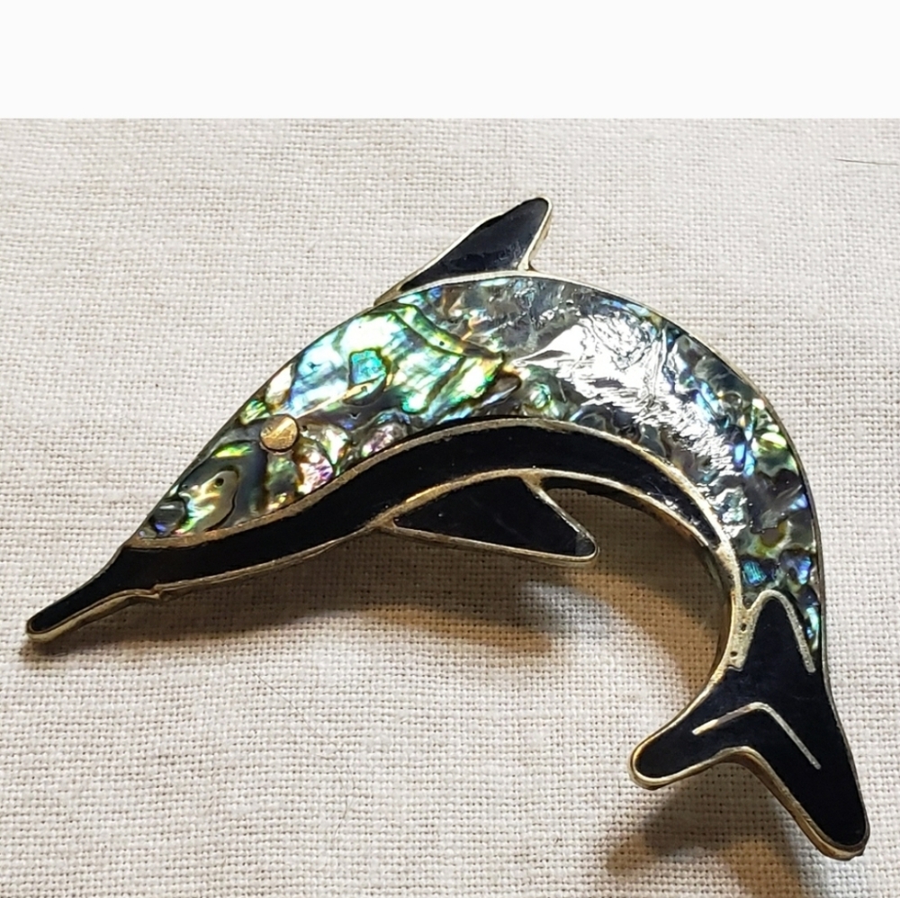 Dolphin Brooch with Abalone And Onyx  Inlay